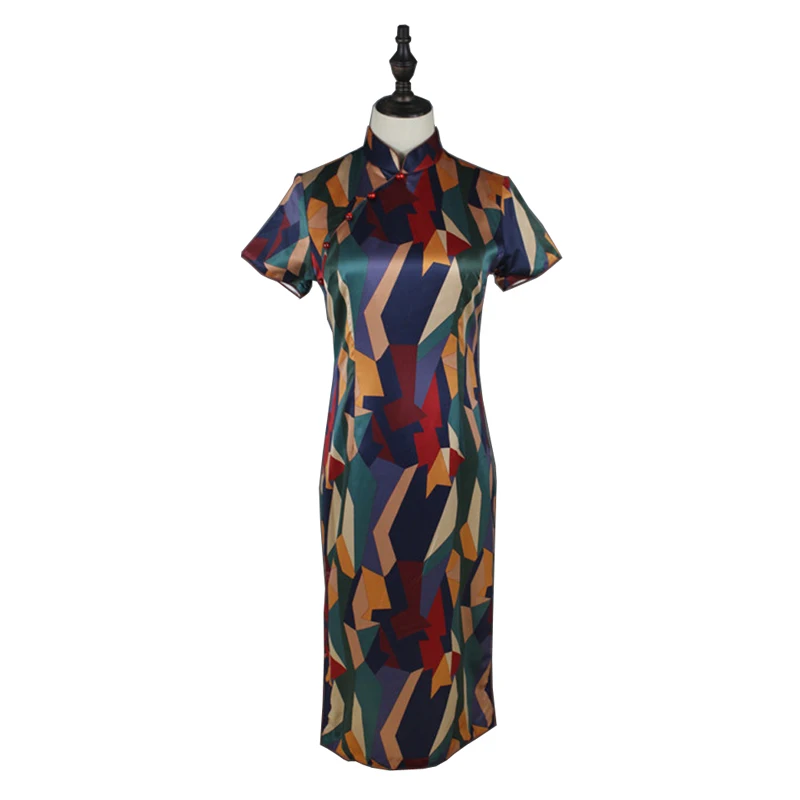 

PERHAPS U Women Cheongsam Chinese Style Mandarin Collar Short Sleeve Geometric Print Knee Length Elegant Dress Summer D1752
