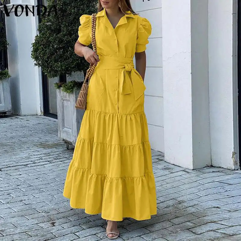 

VONDA Women Short Sleeve Dress 2021 Summer Solid Color Holiday Party Shirt Dresses Femme Bohemian Vestidos Oversized Sundress