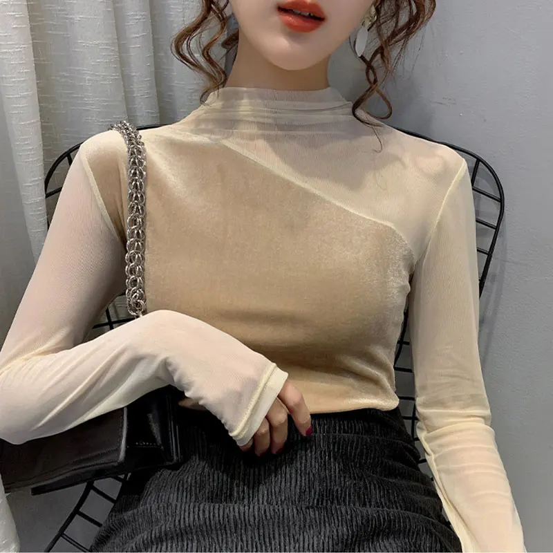 

New Elegant Fashion Women Spring Autumn Sexy Elastic Mesh Velvet Skinny Bottoming T Shirt Lady Long Sleeve T-Shirt Tops