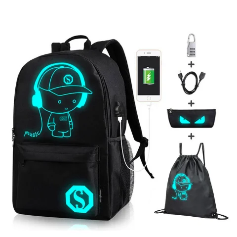 S17 Новая Студенческая школьная сумка рюкзак со светящимся рисунком на тему аниме для мальчиков и девочек Многофункциональный usb зарядный порт и замок Школьная Сумка Черный - Цвет: S17