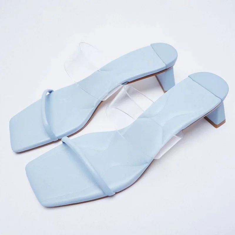 

TRAF Women Sandals 2022 Fashion Transparent Upper Sandals Woman Casual Squared Toe Open Toes Heel Shoes Blue Slippers