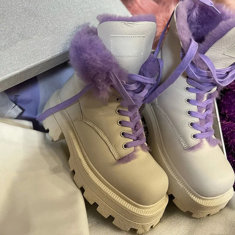 Online Sepatu Hangat Hak Sedang Ujung Persegi Wanita Musim Dingin Sepatu Kasual Suede Gaya Inggris Lapisan Bulu Ungu C16