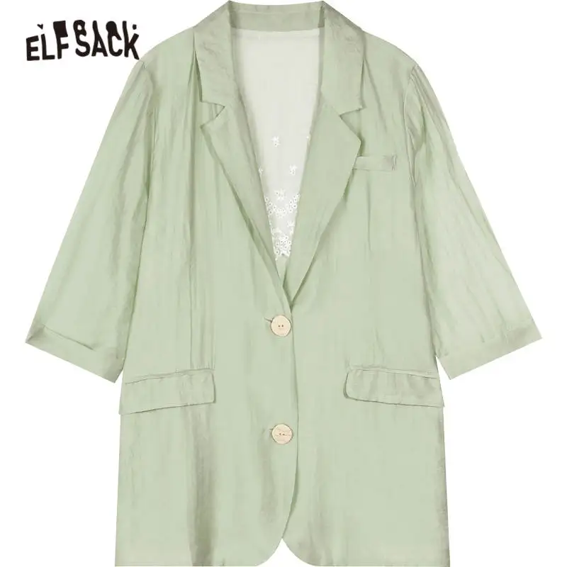 

ELFSACK Green Solid Single Breasted Korean Blazer Women Jacket 2020 Summer ELF Red Pure Causal Feminism Oversize Daily Outwears