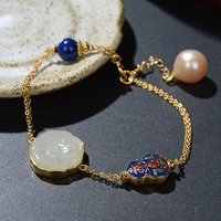 s925 sterling silver gold plated natural hetian jade lapis lazuli pearl retro lotus cloisonne womens bracelet