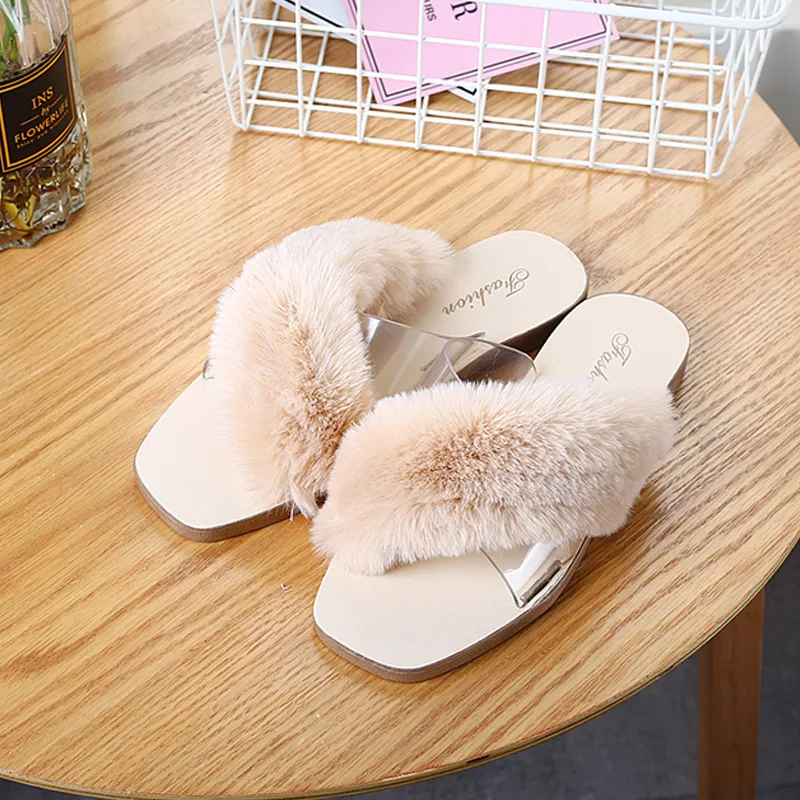 

Winter Home Cozy Women Fur Slippers Faux Furry Cross Strap Flat Slip on Indoor Non Slip House Slides Ladies Shoes Female Whosale
