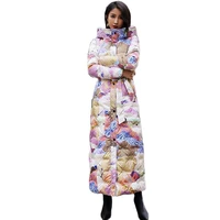 2021 new winter womens fashion floral print hooded long belt casual slim fit 3xl coat white duck down jacket
