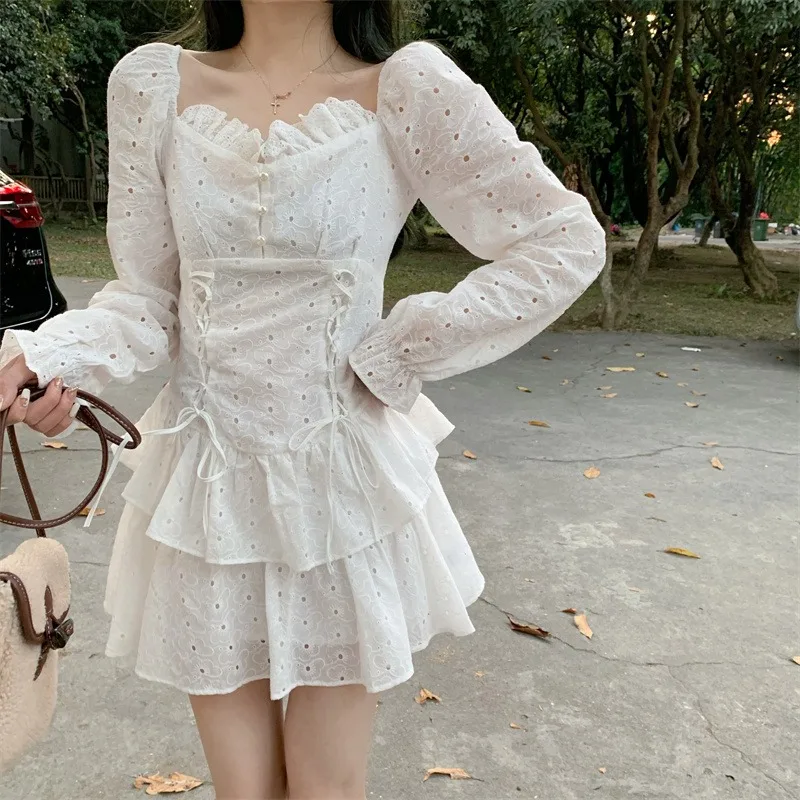 

Long Sleeve Dress French White Sweet Dress Autumn Large Sizes Hight Waist Vintage Short Fairy Dress Spring 2022 Women's Clothing