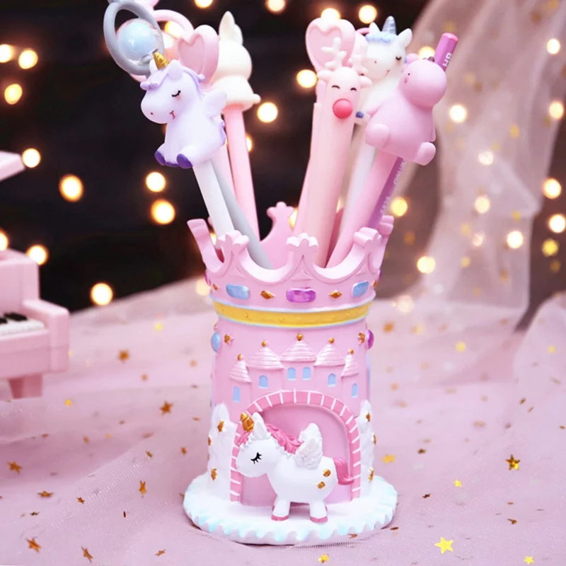 

2021 New Cute Unicorn Pen Holder Girls Cartoon Angel Unicorn Resin Pencil Holder Castle Student Desk Organizer Supplies