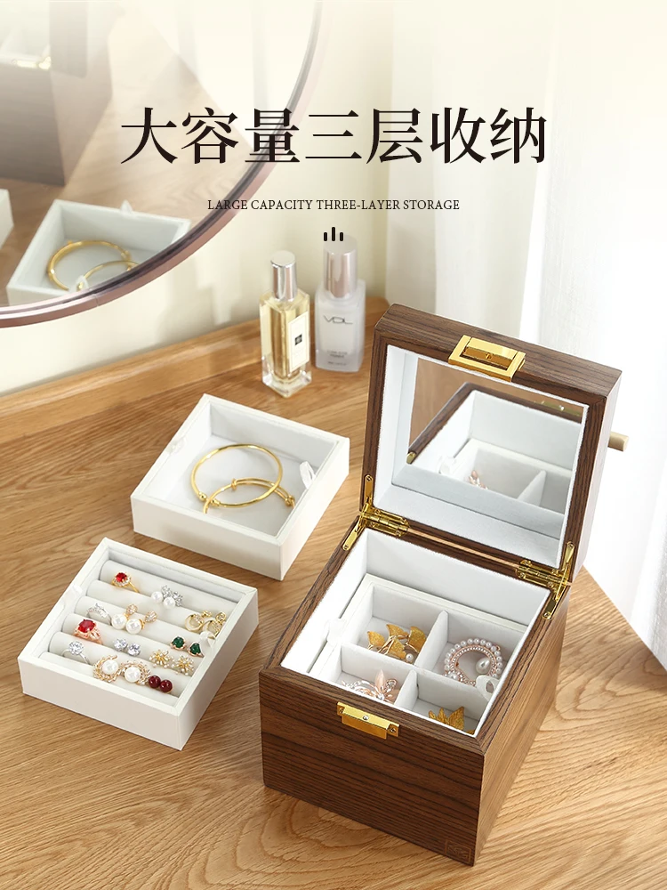 Three Inner Disc Jewelry Box Wooden Chinese Style High-end Earrings Earrings Necklace Jewelry Large Capacity Storage Box