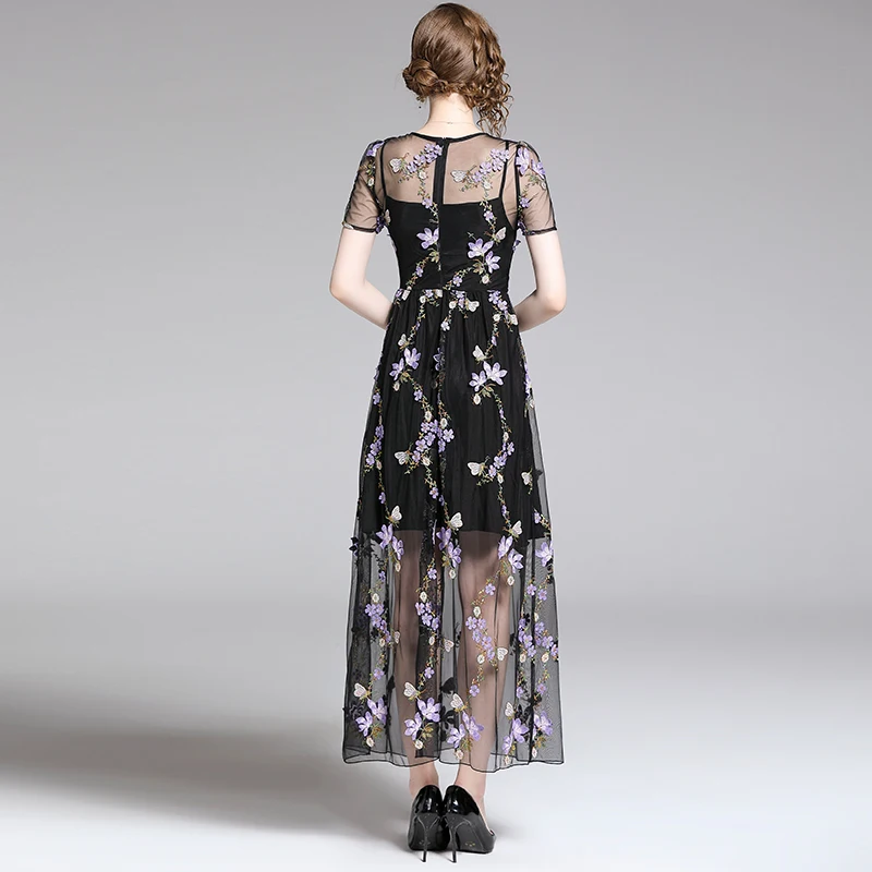 

COIGARSAM Floral Women dress New Summer Embroidery Mesh Dresses Dark Purple 6545