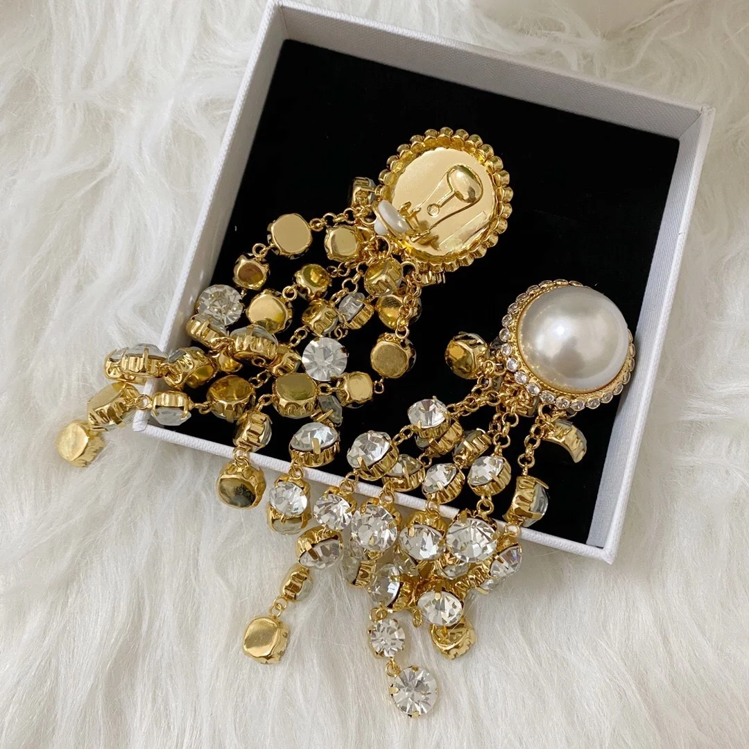 

Luxury Shiny Crystal Tassel Pearl Clip Dangle Earrings for Women Fashion Jewelry Evening Dress Statement Earring No Hole Earring