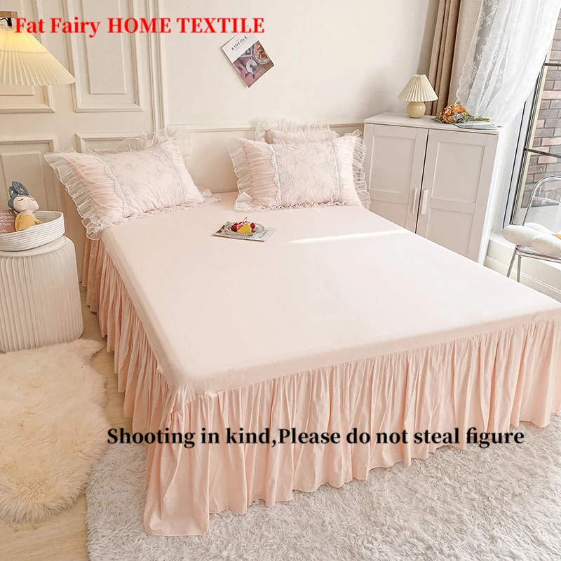 

Luxury Pink 100% Cotton Soft Cozy Princess Wedding Bedding Set Lace Embroidery Duvet Cover Bed Sheet Bed Skirt Pillowcases 4Pcs