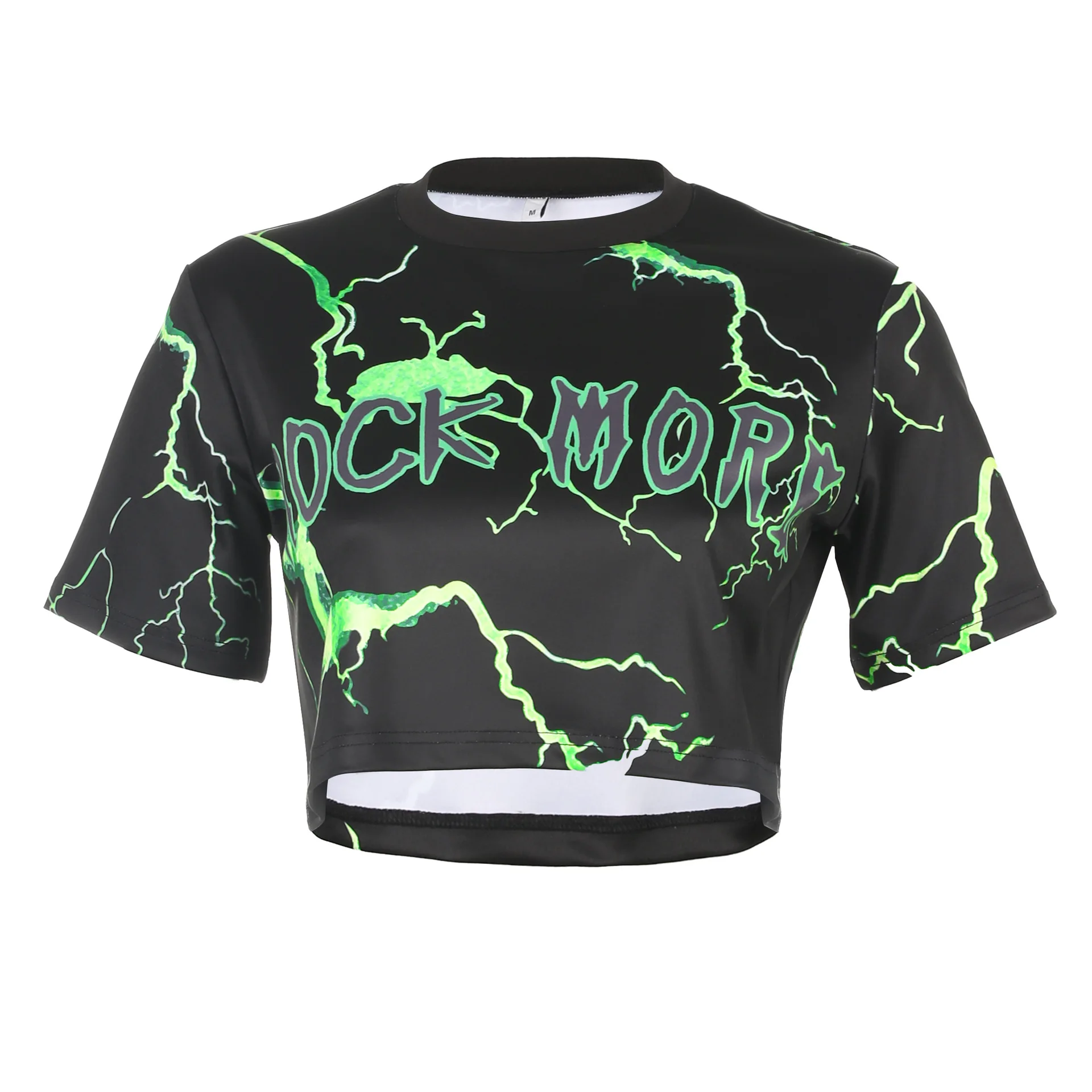 

Women Short Sleeves Cropped T Shirt Summer Neon Green T-shirt Black Thunder Print Streetwear Crop Top
