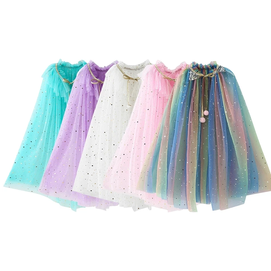 

Girls Cloak Sequined Ball Tull Shawl Kids Dress Cape Coat Birthday Party Beach Rainbow Wrap Princess Costume