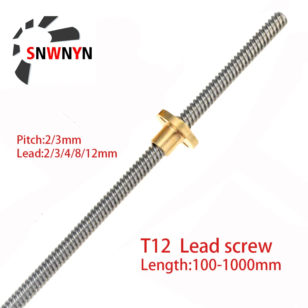1pc T12 Lead Screw 100mm 150 200 250 300 350 400 450 500 600 1000mm Picth 2mm Lead 2 4mm 8 12mm Trapezoidal Screw With Brass Nut