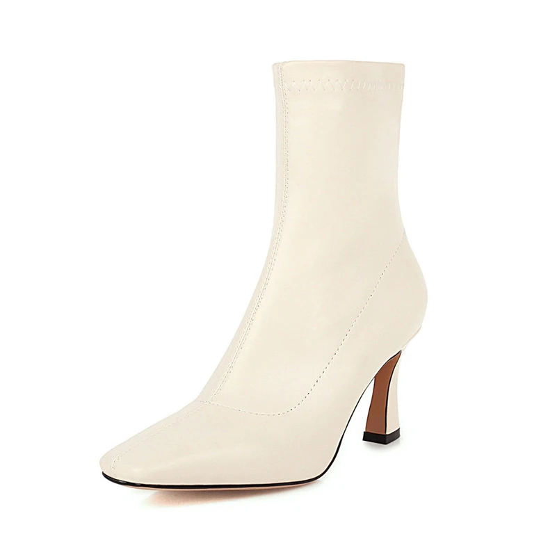 

ANNYMOLI Square Toe Woman Boots High Heel Ankle Boots Thin Heel Shoes Zip Female Short Boots Autumn Winter Beige Black Size 46