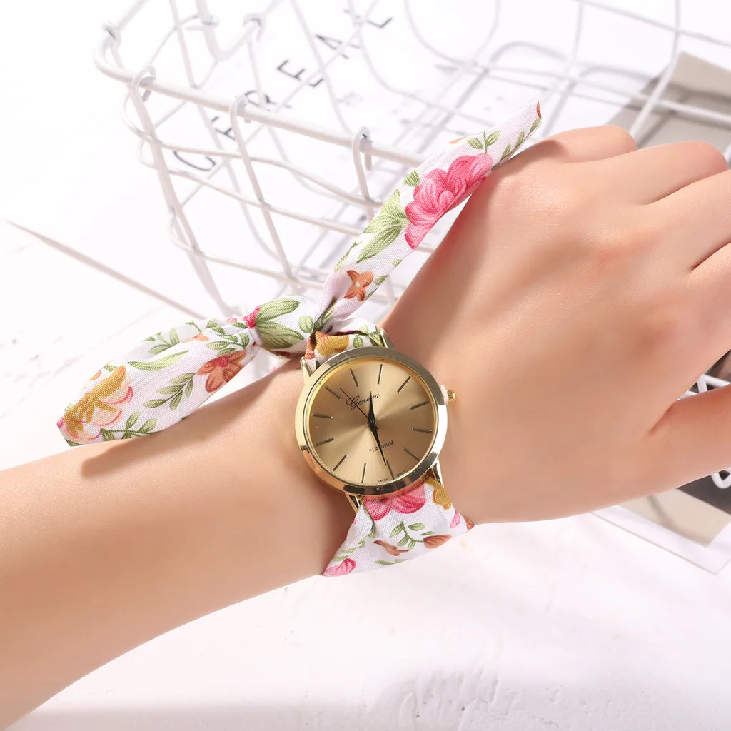 Мода цветок ткань дизайн для женщин часы Сладкая девушка браслет дамы платье