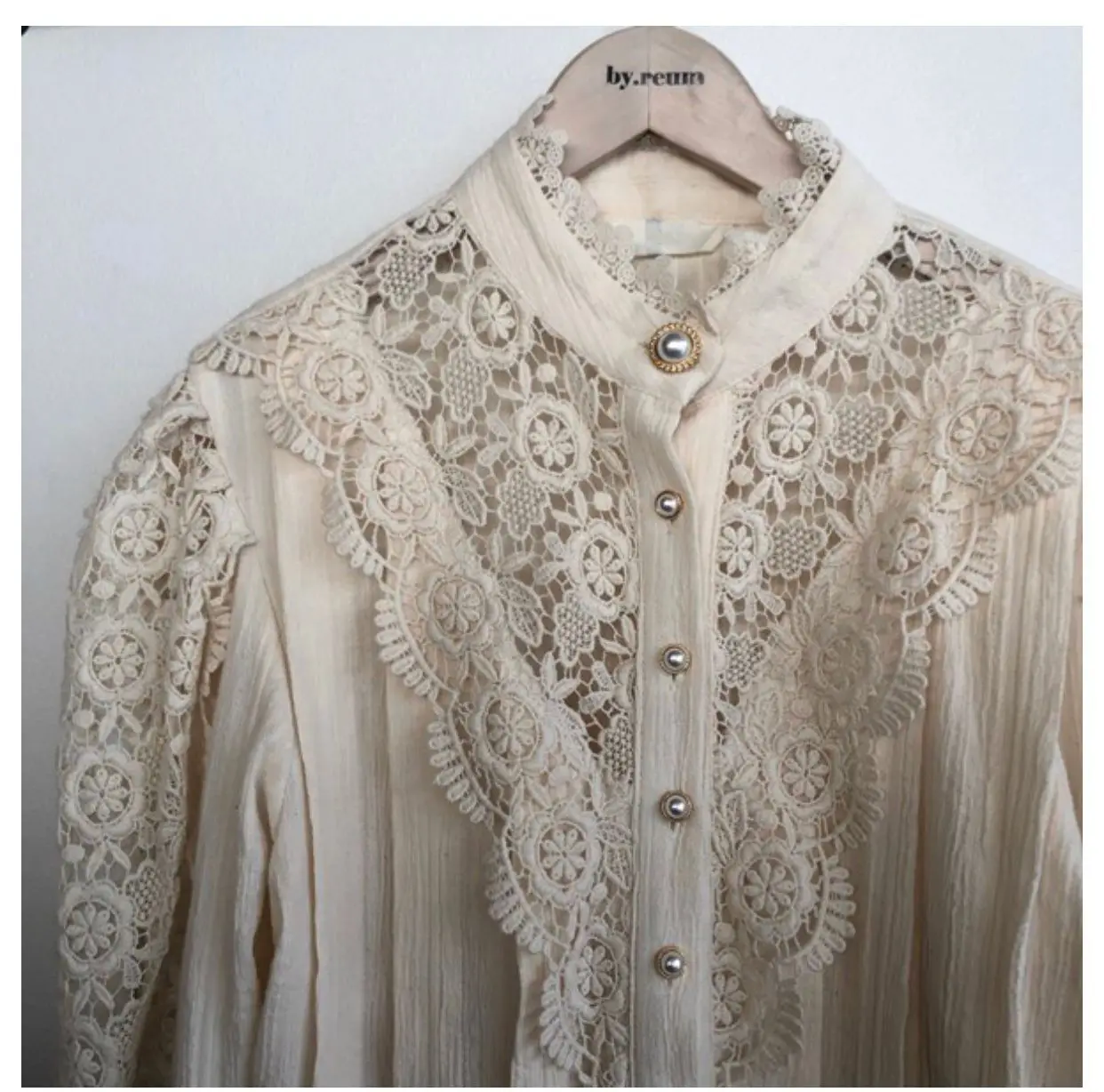 Женская кружевная блузка с воротником стойкой винтажная однобортная длинным