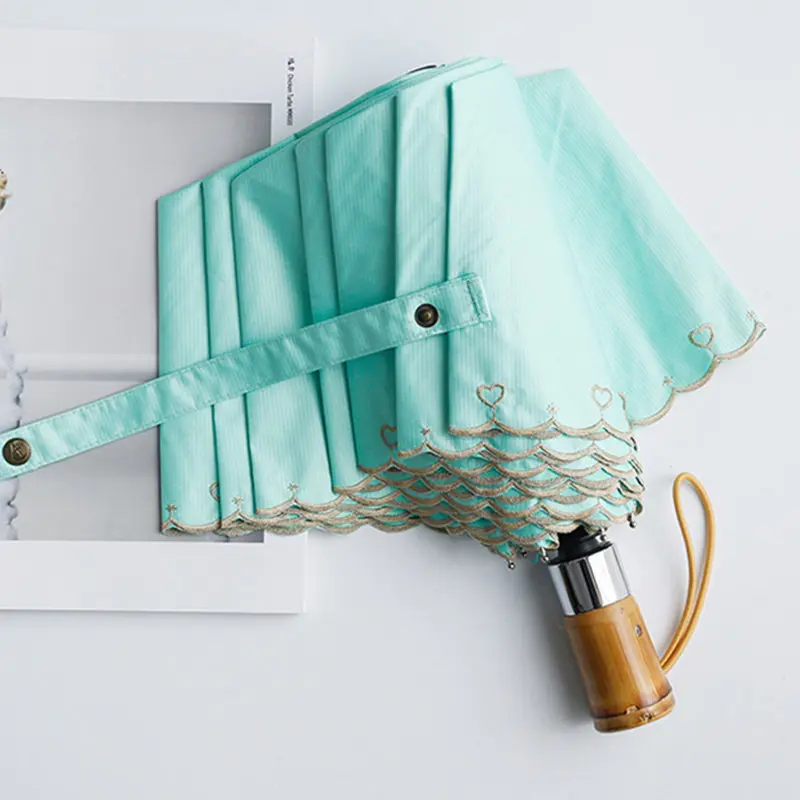 Женский зонт с бамбуковой ручкой автоматический от дождя и солнца вышитыми