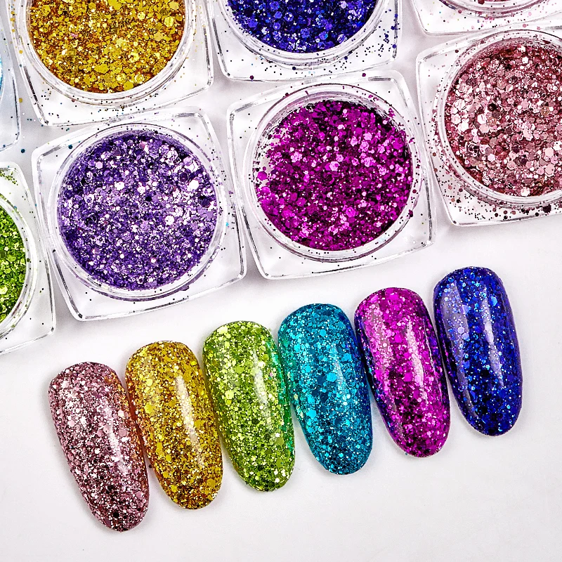Блестящий Порошок для дизайна ногтей радужные флаки Блестки Золотые и