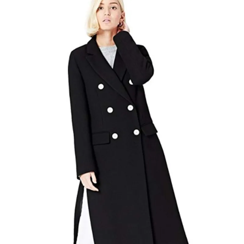 

Elegant Autumn Winter Women Cashmere Wool Coat X-Long Solid Black Wide Waist Woolen Jacket Outwear Bottom Split Long Coats