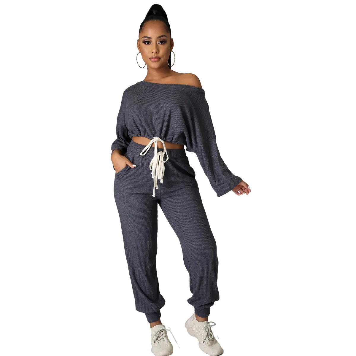 

Спортивный костюм женский из двух предметов, пуловер с длинным рукавом, Свободный Топ в стиле ретро, бандажные мешковатые штаны с завышенно...