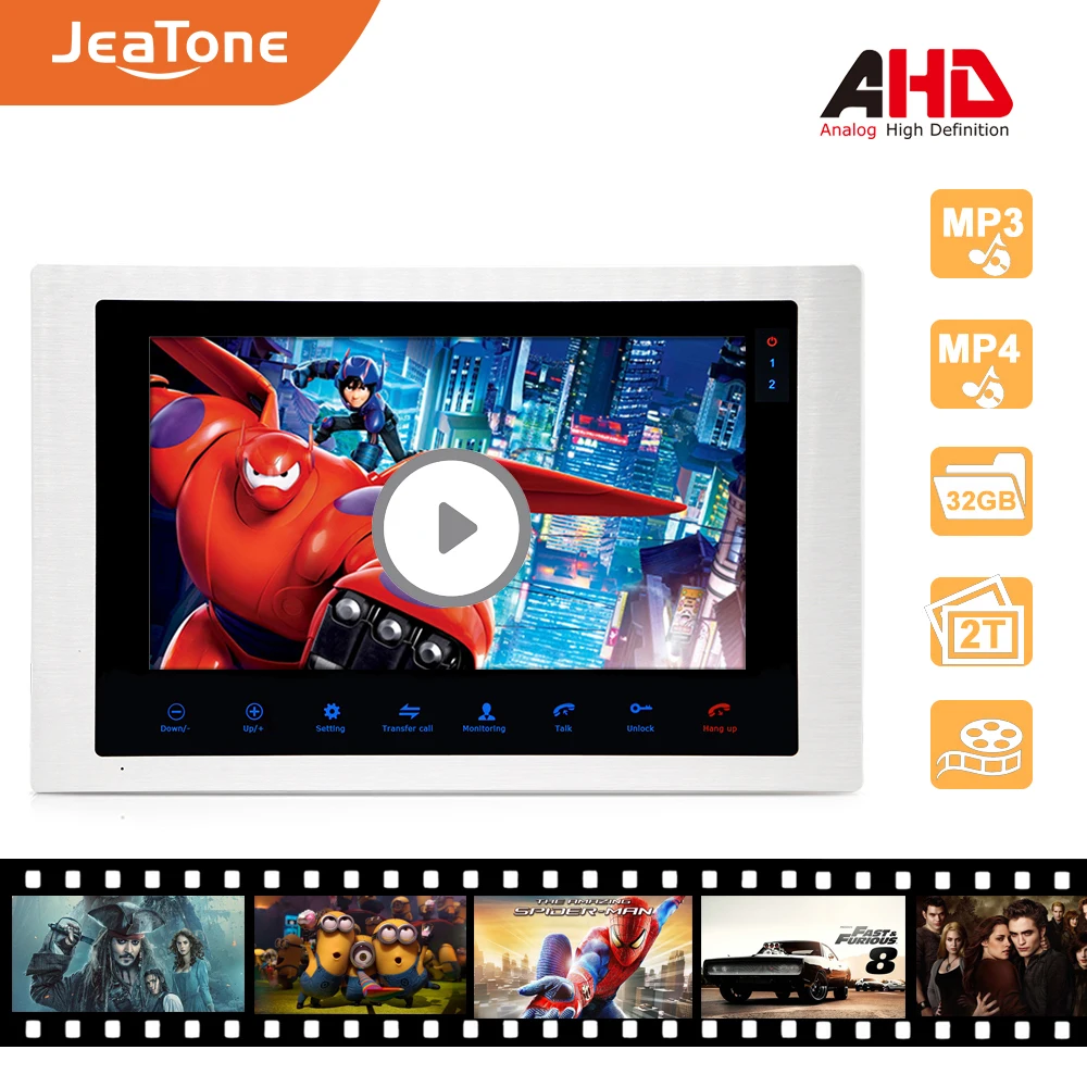 Видеодомофон Jeatone 1080P AHD 10 дюймов водостойкий с поддержкой голосовых сообщений