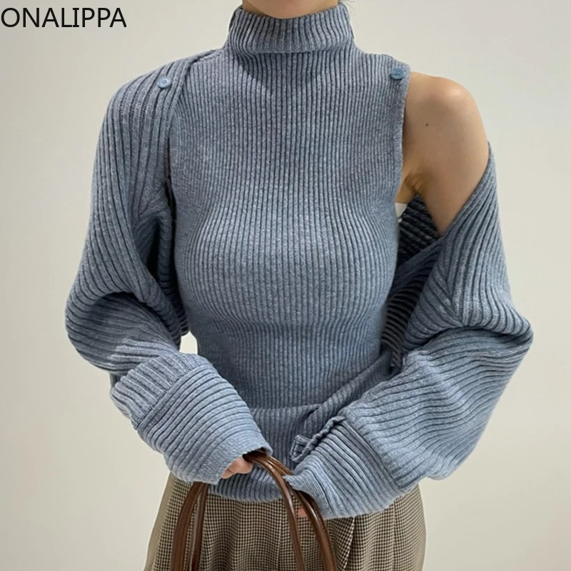 

ONALIPPA Set Women 2021 Autumn Korean Chic Elegant Temperament High Neck Self-Cultivation Base Sweater Bat Sleeve Knitted Shawl