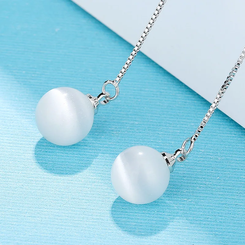 Серьги из серебра 925 пробы для женщин с опаловым шариком и длинной кисточкой