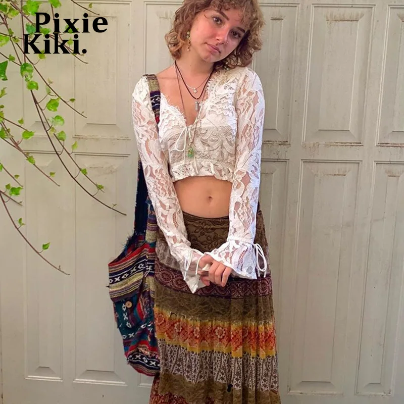 Pixiekiki белое кружевное платье с длинными рукавами рубашки для женщин Фея гранж