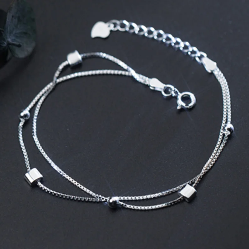 Женский двойной браслет из серебра 100% пробы с бусинами|Гибкие и жесткие браслеты|