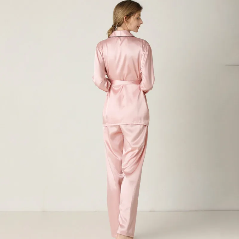 

Hasfia Home Clothing Summer Womens Vintage Solid Soft Faux Silk Long Sleeve Trousers Set Ladies Viscose Soft Silky Pajamas Suit