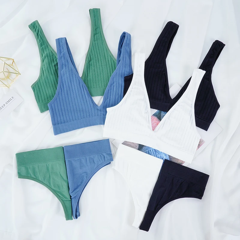 

Deep V Bra Set Women Sexy Lingerie Underwear Set Seamless Bra Ribbed Tops Low Back Bralette Female Intimates Fashion Brassiere