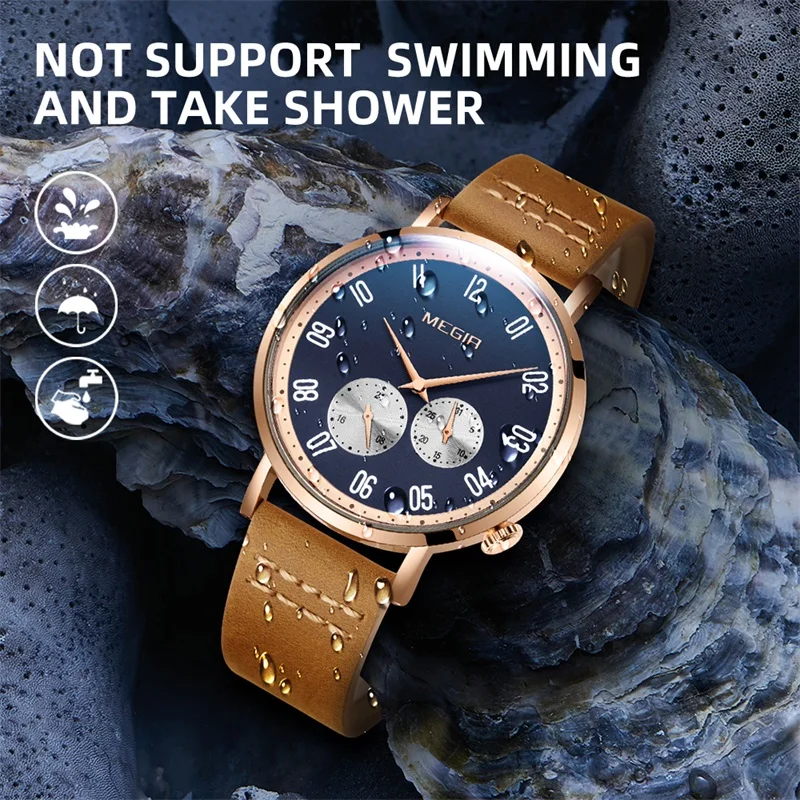 

Megir Men Watches Classic Analog Japan Movement Geneva Leather Strap Spinning Bezel Waterproof Clock Masculino