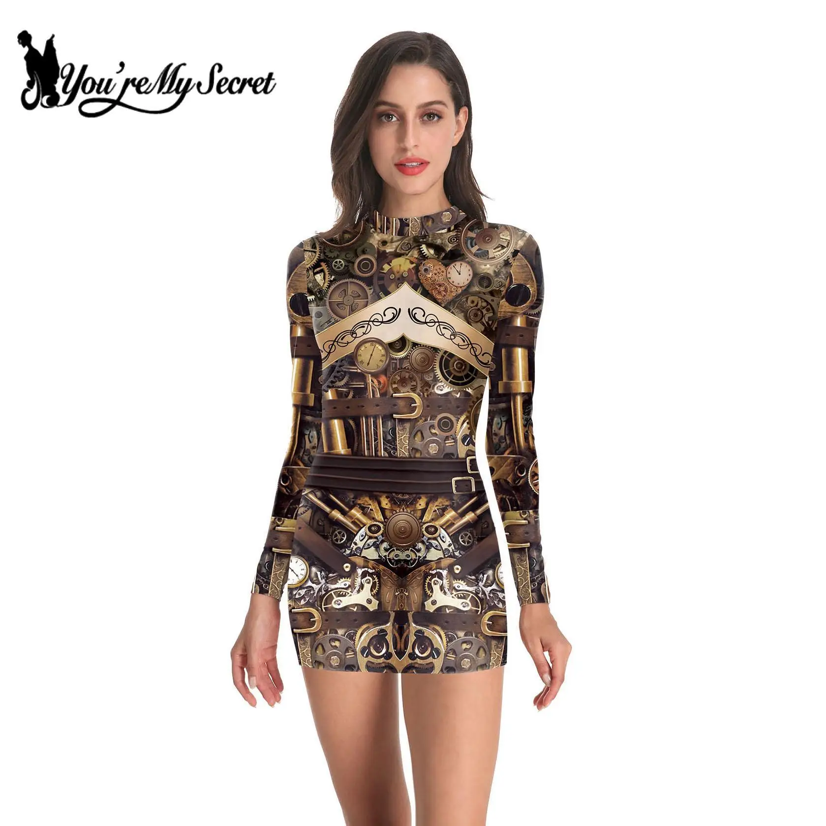 

[You're My Secret] Fashion Women Short Dress Steampunk Gear Female Dresses Casual Vintage Slim Long Sleeve Clothing