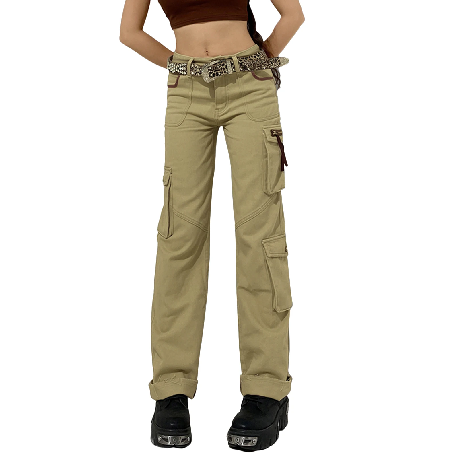 

Женские повседневные брюки-карго, однотонные брюки с пуговицами, карманами (хаки)