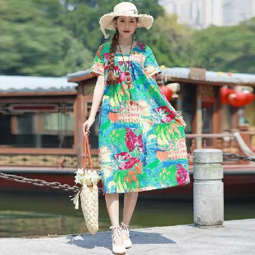 

Women 2021 Summer Fashion Cotton Linen Printing Dress Female V-neck Short Sleeve Dresses Ladies New Long Loose Vestidos W53