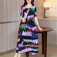 miyake horizontal pattern pleated print dress 2021 summer fashion comfortable loose large size casual belly covering dress women