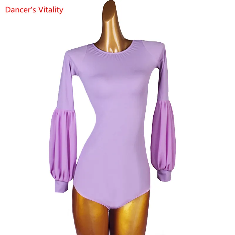 

Latin Dance Body Suit Female Adult Child Temperament Round Neck Onesies High-End Custom Lantern Sleeve Top Performance Clothing