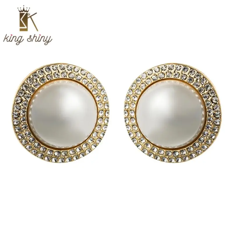 

Za Brand White Simulated Pearl Statement Stud Earrings Luxury Rhinestone Geometric Round Stud Earrings Wedding Party Ear Jewelry