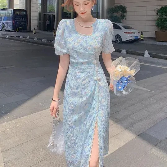 

Improved dress French long 2021 new floral dress female summer long dress vintage Polyester Cotton Beading