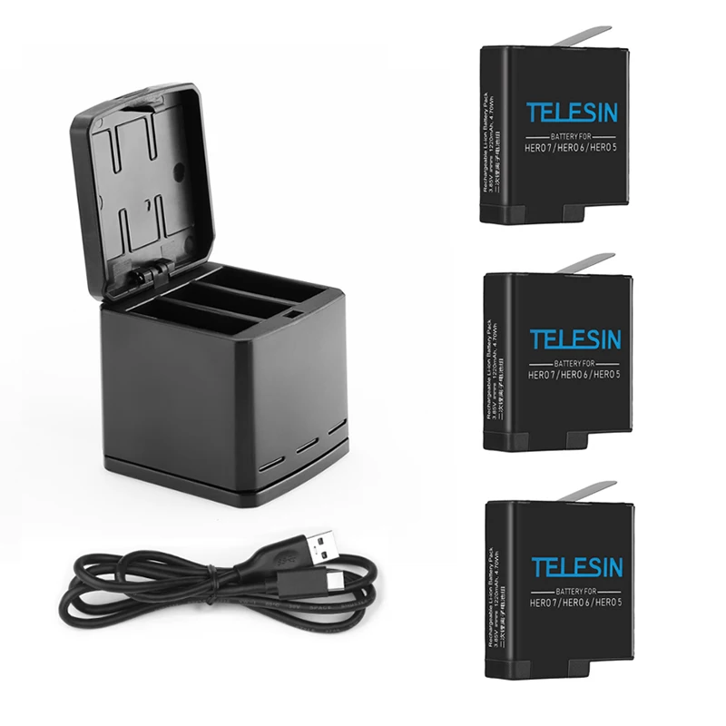 3 батареи Telesin и стороннее зарядное устройство для Gopro hero5 hero6 hero7 black поддержка
