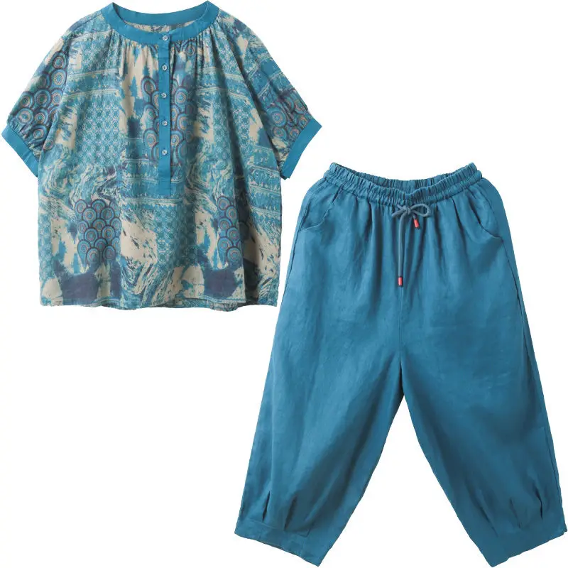 

Casual Suit Woman 2021 Summer Pants Suit Cotton Two-Piece Casual Printing Plus Size Set Comfortable Suit Calf-Length Pants