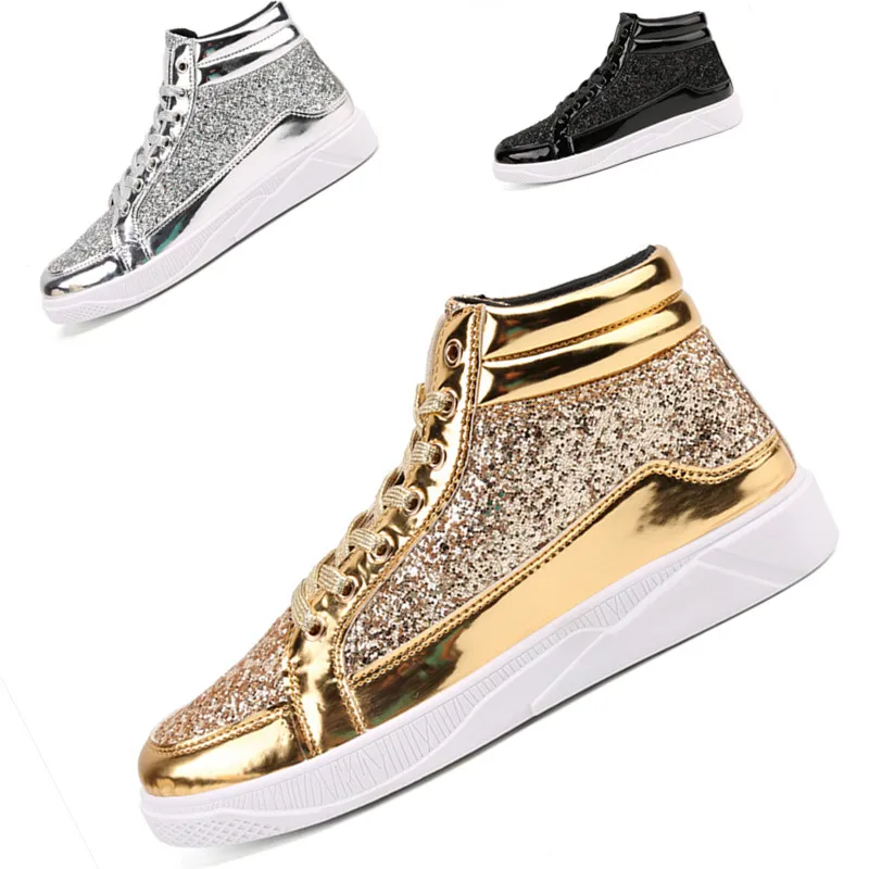 

New Fashion Gold Shoes Men Casual Shoes High-top Night Club Sneaker Male Lace-up Sequins Rock Shoes zapatos hombre 2020