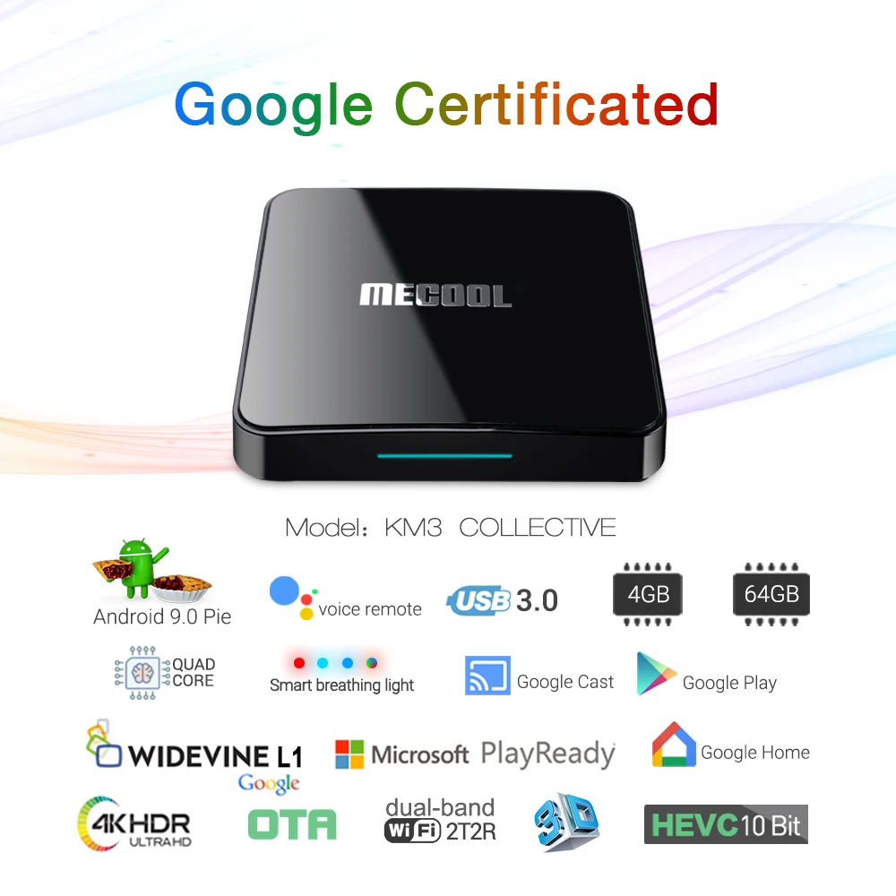 Mecool KM3 коллективный ТВ-приставка 4G ram 64G rom Android 9,0 четырехъядерный процессор Amlogic S905X2 USB 3,0 2,4G/5G wifi Bluetooth HDMI RJ45