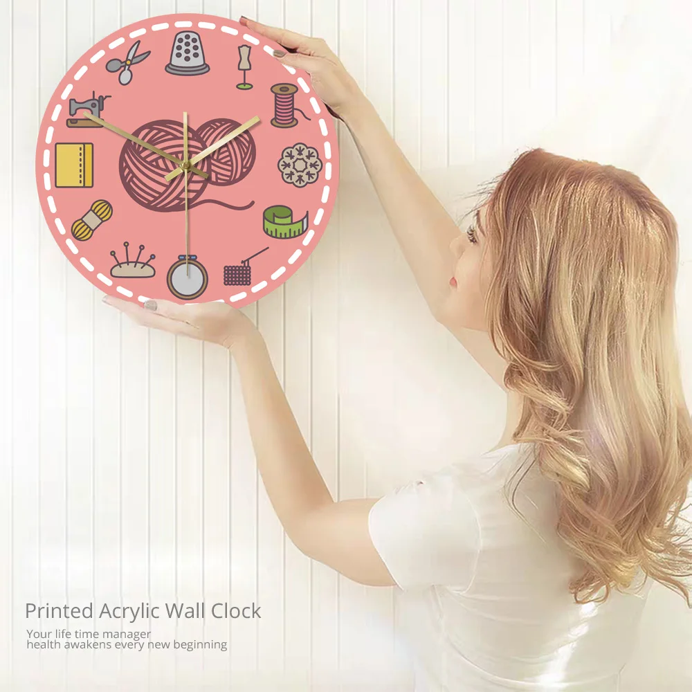 

Handmade and Sewing Badges Set Acrylic Print Wall Clocks Gift For Her Knitting Work Tool Ball of Wool Hobbies Home Hanging Watch