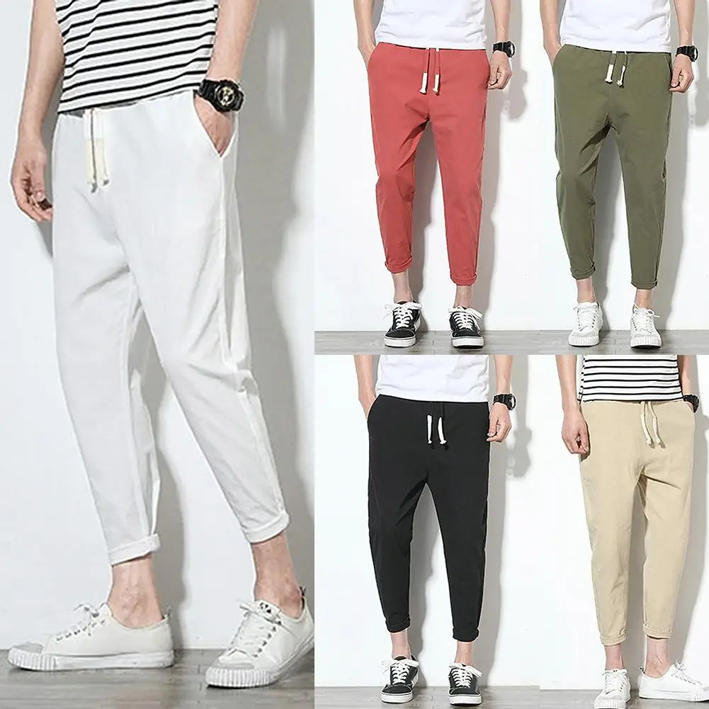 

Men Casual Solid Color Ankle Tied Pockets Drawstring Sports Long Pants Trousers Casual men pants comfortable to wear
