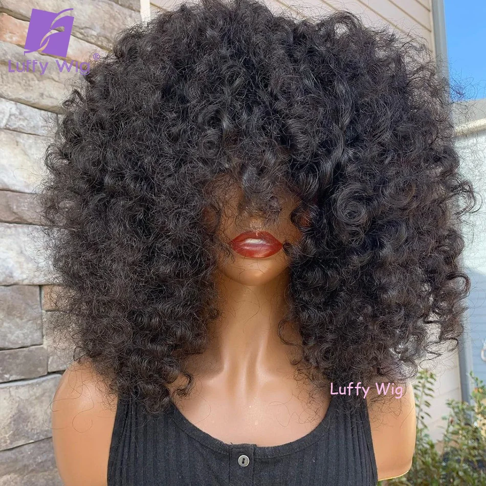 Bouncy Curly Human Hair Wigs With Bangs Short Brazilian Remy Full Machine Made Bob Wig Glueless 180Density For Black Women LUFFY