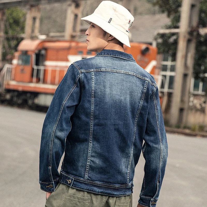 Джинсовая мужская куртка со стоячим воротником Повседневная модная однотонная