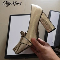 ollymurs gold heeled loafer style pump women pointed toe chunky heels elegant ladies shoes shallow woman metal buckle pumps